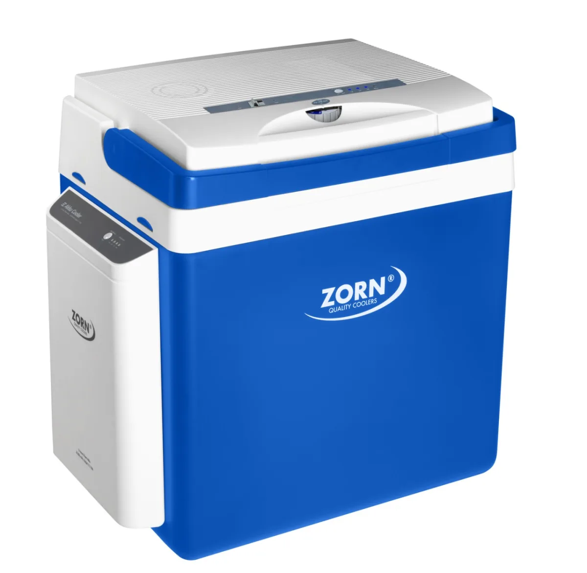 Lada frigorifica auto si camping ZORN Z 26 LNE, 25 litri, alimentare 12V/230V + acumulator extern Li-ion 7.8 Ah, racire-incalzire, alb-albastru - imagine 3