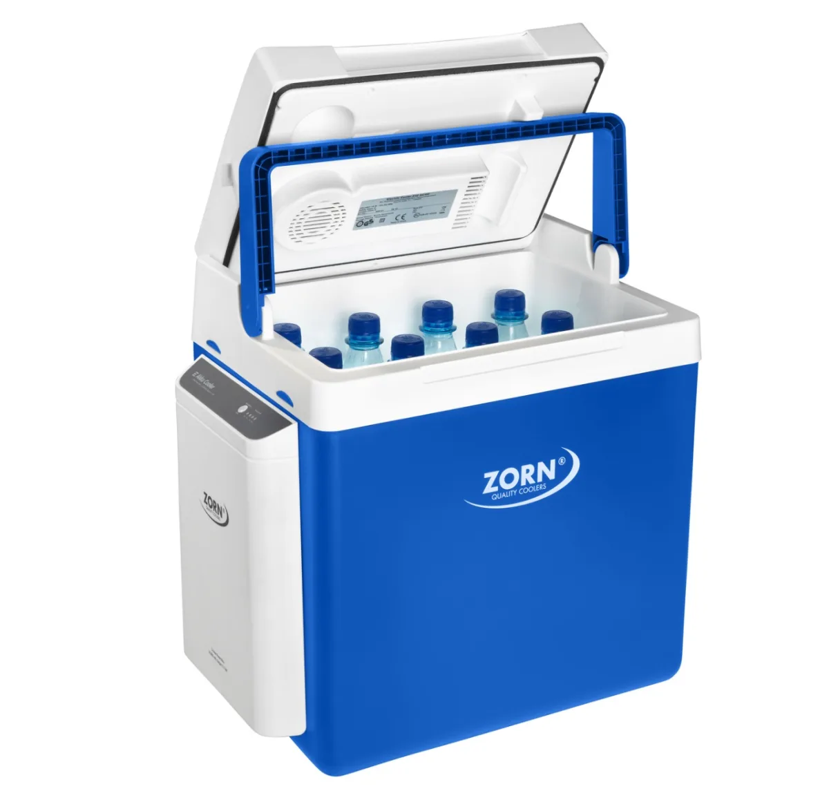 Lada frigorifica auto si camping ZORN Z 26 LNE, 25 litri, alimentare 12V/230V + acumulator extern Li-ion 7.8 Ah, racire-incalzire, alb-albastru - imagine 5