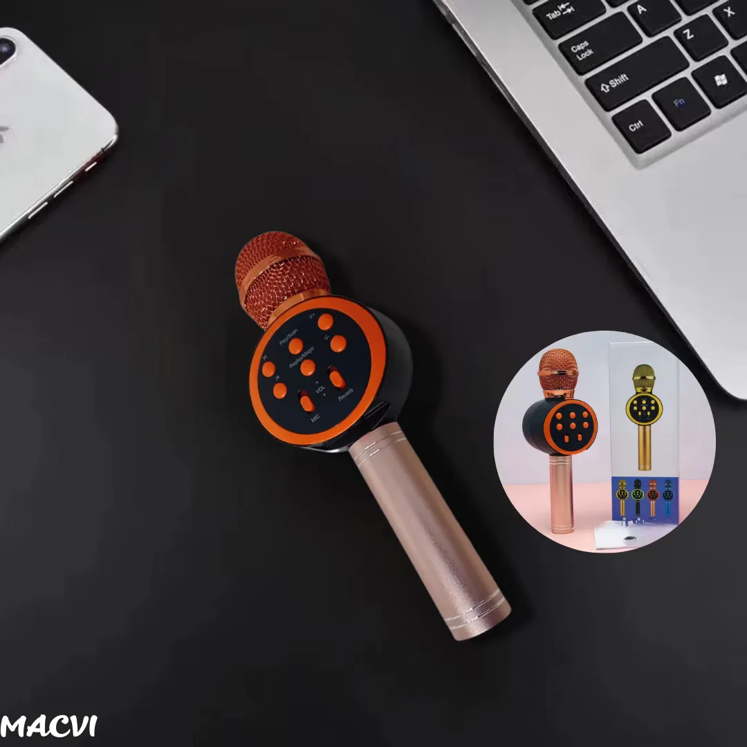 Microfon Karaoke Wireless Macvi® cu Boxa si Bluetooth V11, Portabil, Difuzor Profesional, Baterie Integrata, Roz Gold - imagine 2