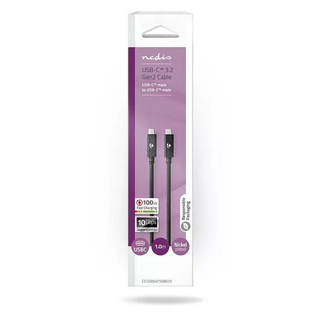 Cablu USB TYPE C tata - USB TYPE C tata 1m 100W 10Gbps 3.2 Gen 2 negru Nedis - imagine 3