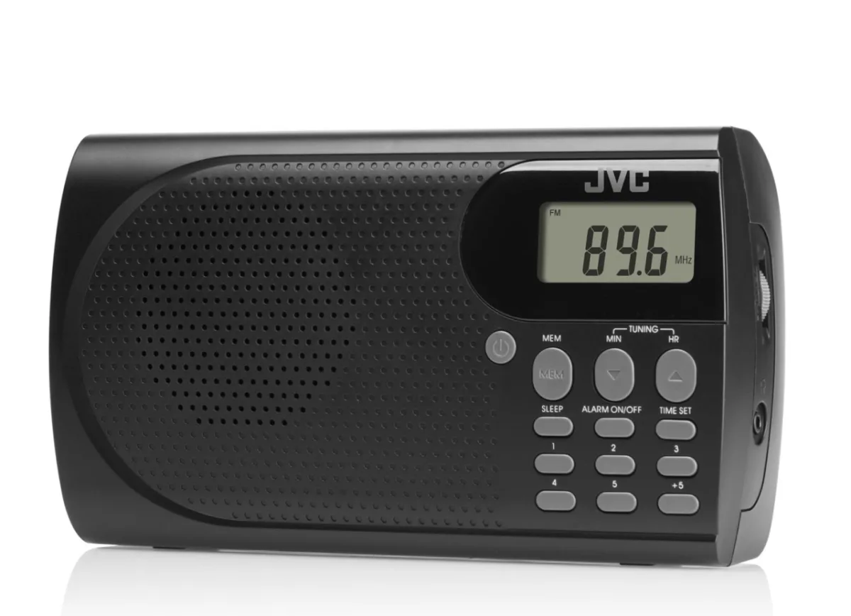 Radio portabil JVC RA-E431B, tuner digital FM, afisaj LCD, mufa jack pentru casti, ceas desteptator, antena, negru