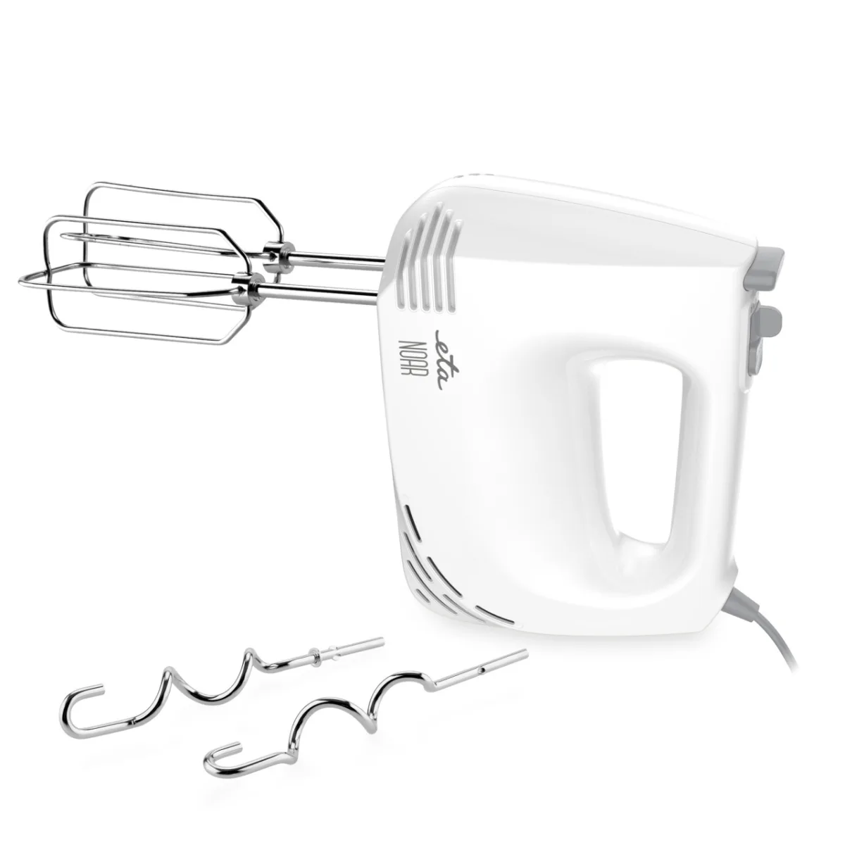 Mixer de mana ETA Noar II 2044 90000, 300 W, 5 viteze, functie TURBO, 2 carlige si 2 teluri, alb cu gri