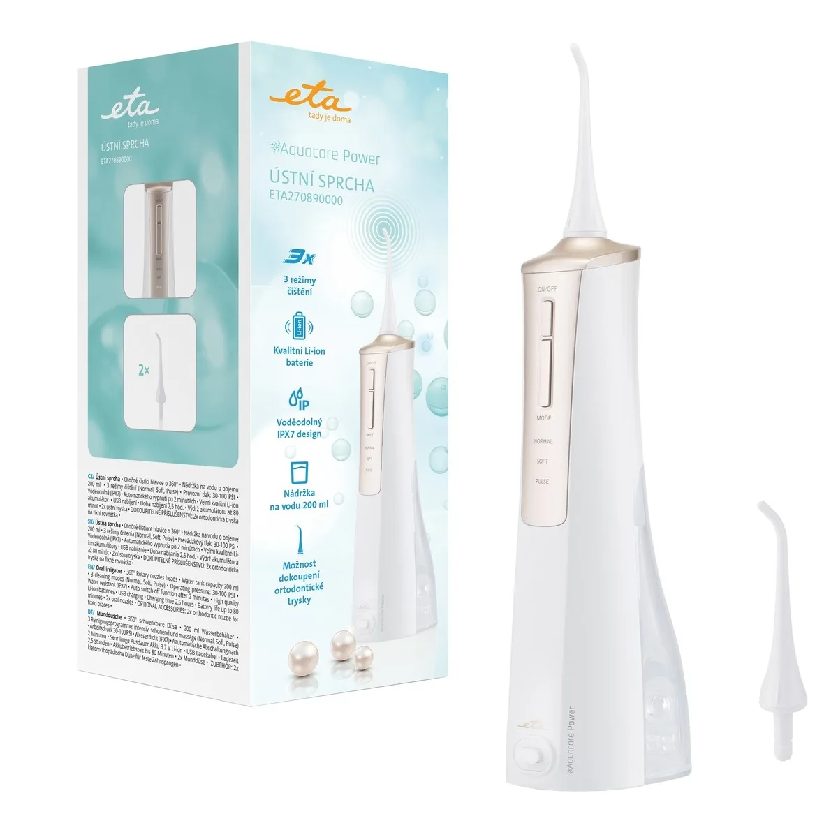 Irigator bucal ETA AquaCare Power 2708 90000, 3 moduri de curatare, rezervor 200 ml, IPX7, alb/auriu