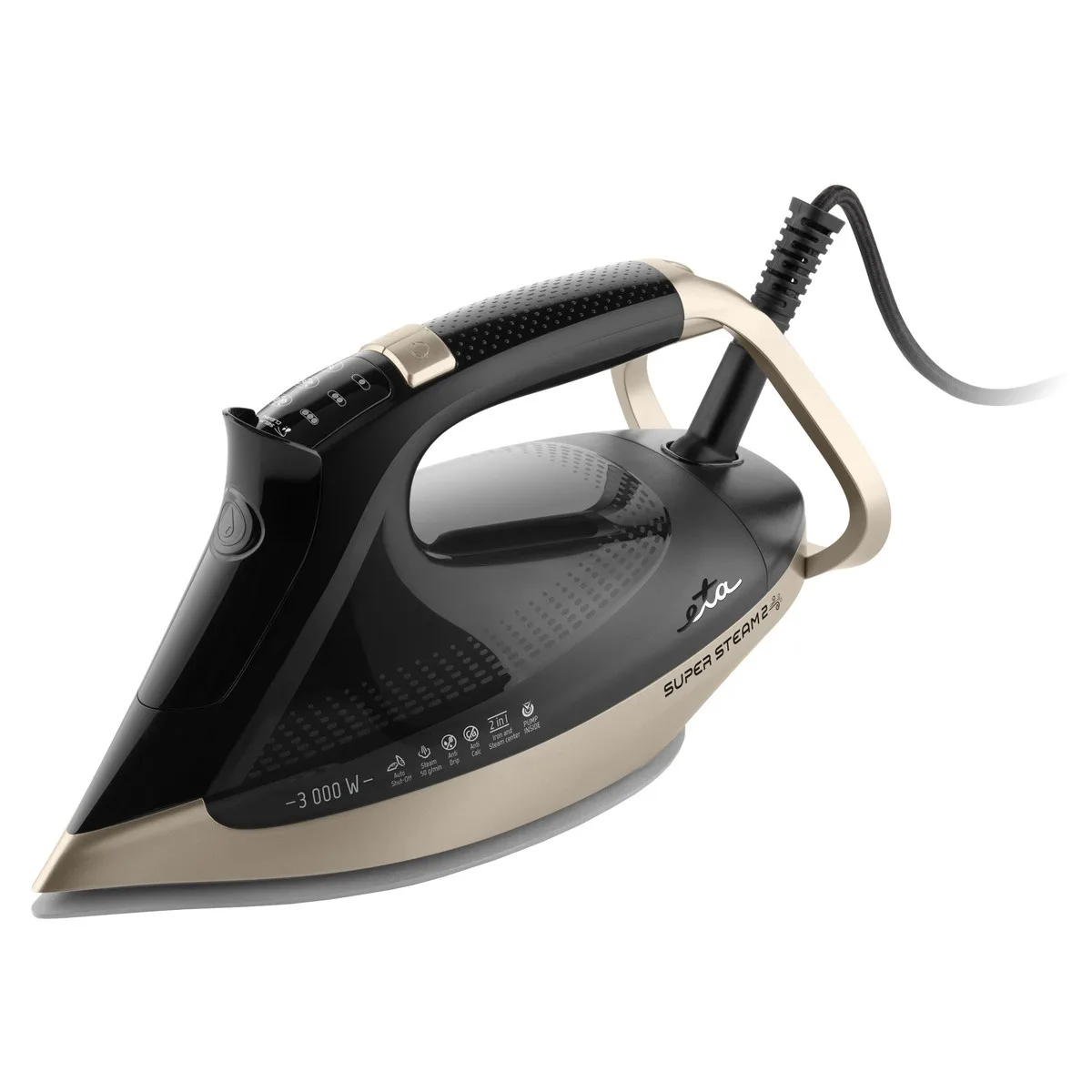 Fier de calcat ETA Super Steam II 3275 90000, 3000 W, LCD color, jet abur 200 g/min, debit abur 60 g/min, negru/auriu