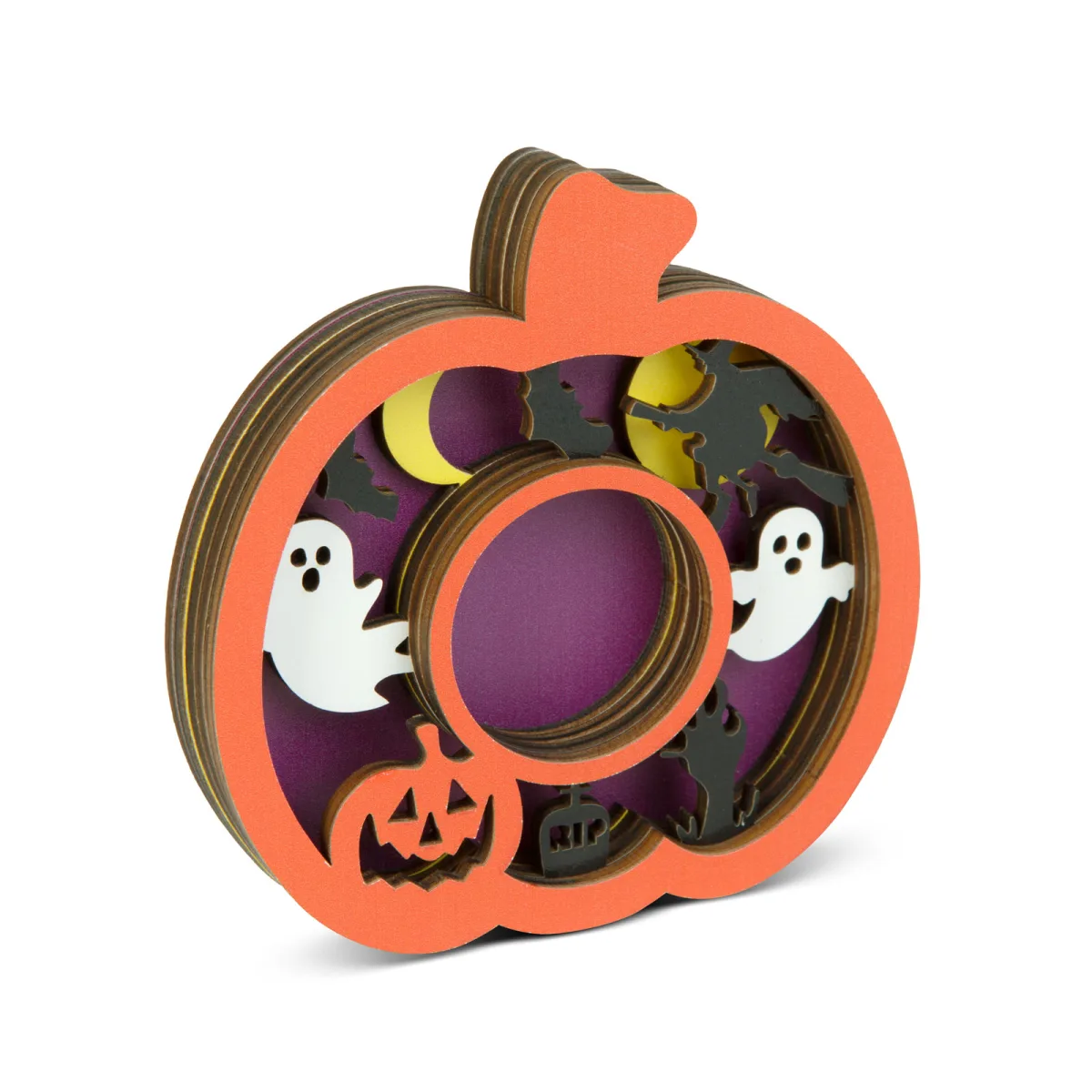 Suport lumanare Halloween, forma dovleac, MDF si metal, 11 x 11 x 1,8 cm, portocaliu - imagine 2