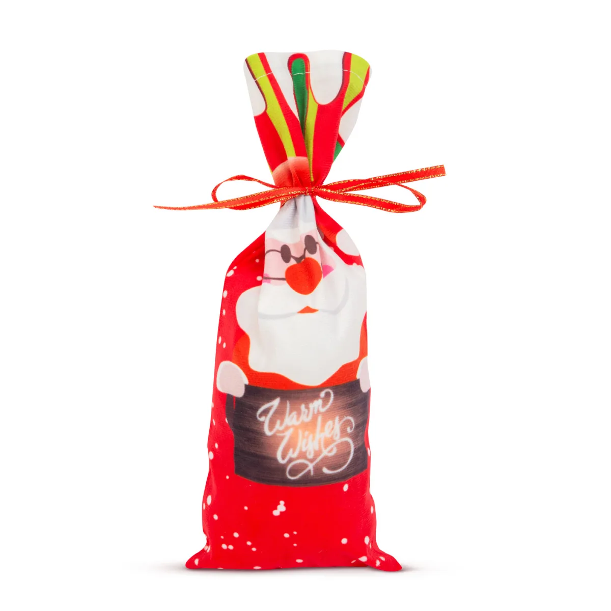 Husa sticla cadou Craciun Mos Craciun, 32 cm, sac textil pentru bauturi