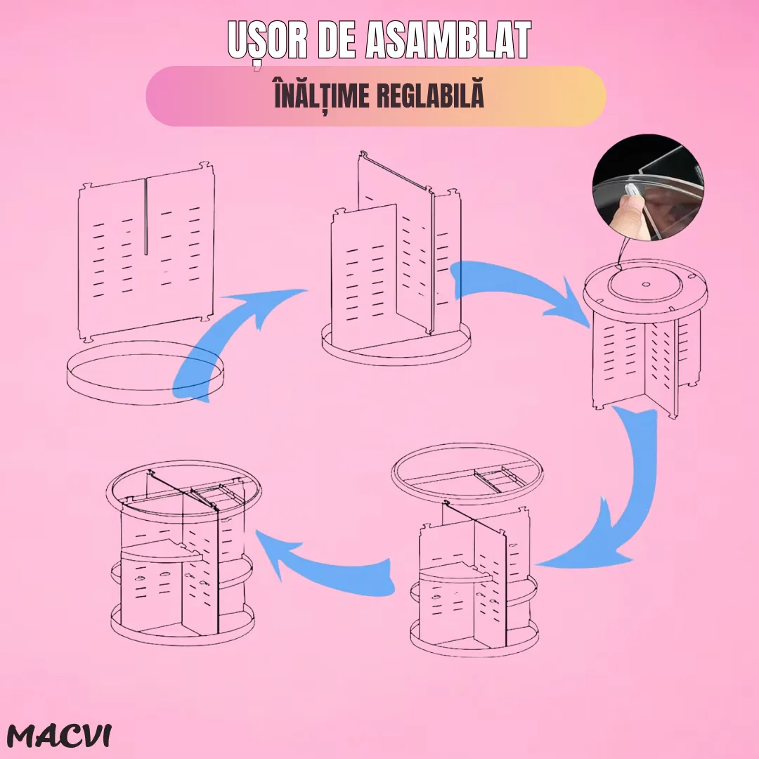Organizator Cosmetice Rotativ Macvi® 360°, Design Reglabil, 9 Compartimente Spatioase, Montare Rapida, Ideal pentru Machiaj si Produse de Ingrijire - imagine 2