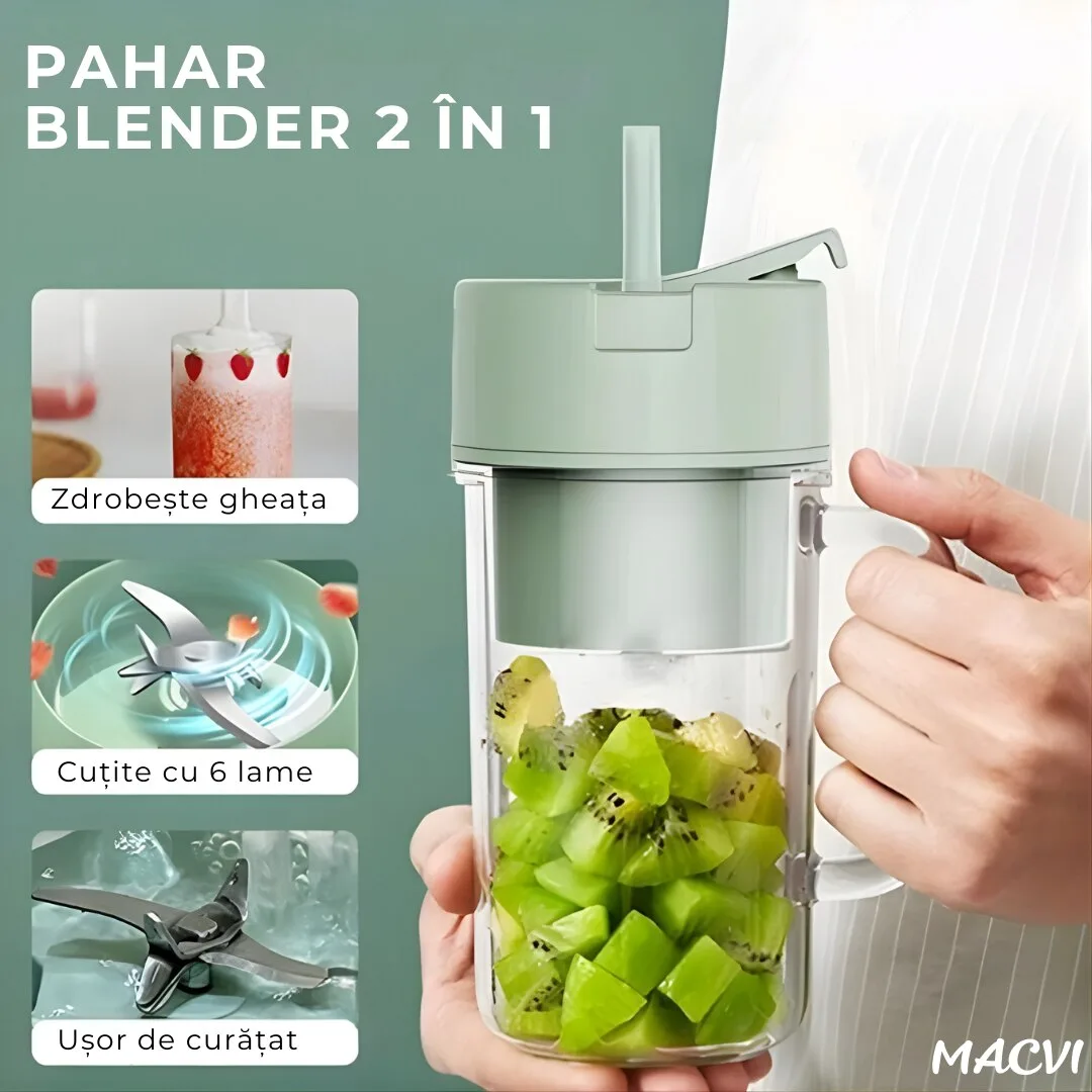 Storcator De Citrice Macvi® Portabil din Plastic cu Acumulator, Blender Reincarcabil USB, 6 Lame din Otel Inoxidabil, BPA Free, Anti-scurgere, Capac cu Pai, Capacitate 420 ml, Smoothie-uri si Sucuri - imagine 4
