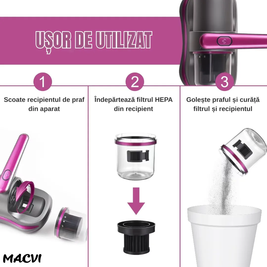Aspirator Antiacarieni Macvi®, 8000 Pa, Fara Fir, Filtru HEPA, Baterie 3600 mAh, UVC, Rezervor 500 ml, Curatare Pat, Canapea si Covoare - imagine 3