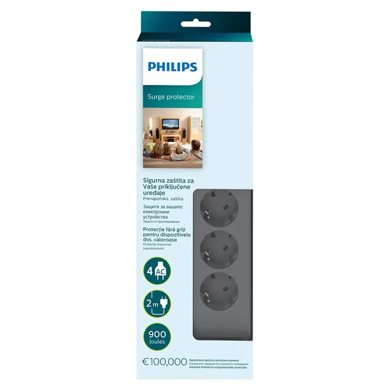 Prelungitor cu protectie 4 prize 2m gri PHILIPS SPN3140A - imagine 2