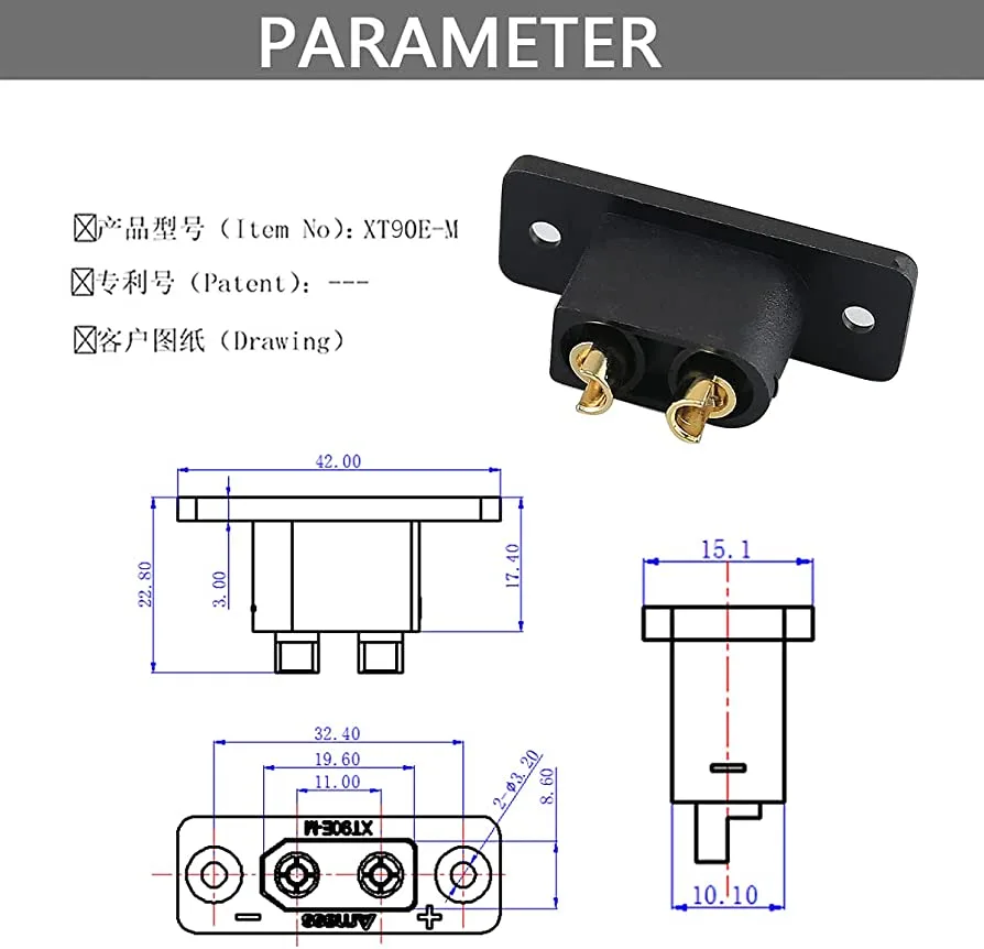 Soclu alimentare DC XT90 tata pe panou 2 pini lipire 30A 500V negru AMASS XT90E-M - imagine 3