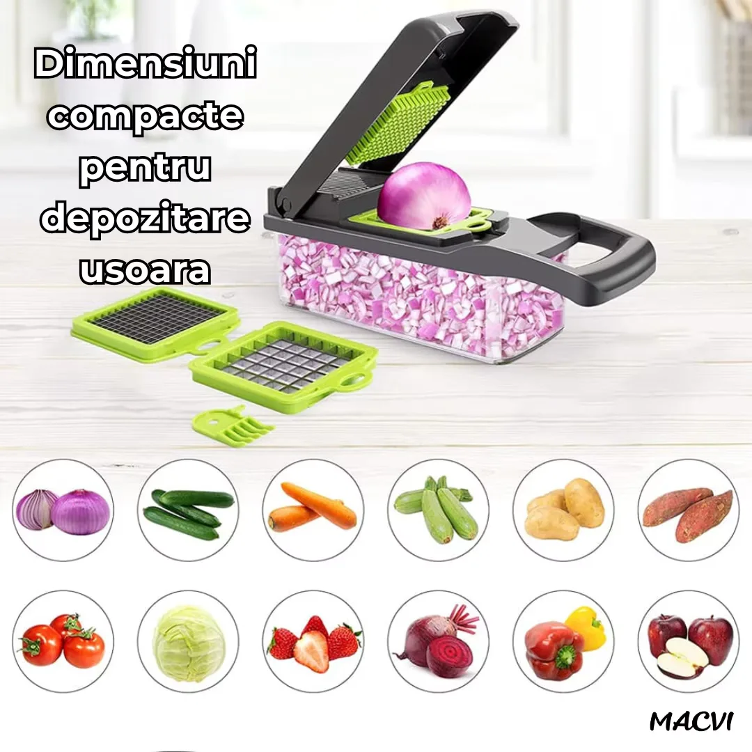 Razatoare Multifunctionala 15 in 1 Macvi®, 20 Piese, 13 Tipuri de Feliere, Ideala pentru Fructe, Legume si Branzeturi, Otel Inoxidabil, Verde/Gri - imagine 5
