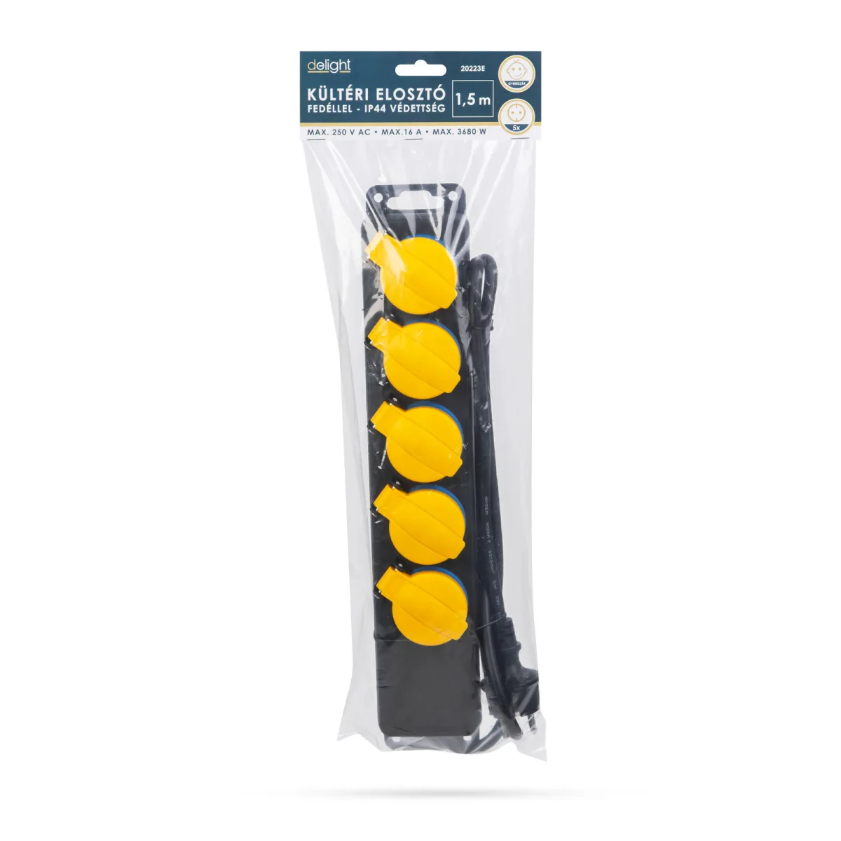 Prelungitor pentru exterior cu capac 1.5m 5 prize 3x1.5mm2 IP44 negru Delight 20223E - imagine 2