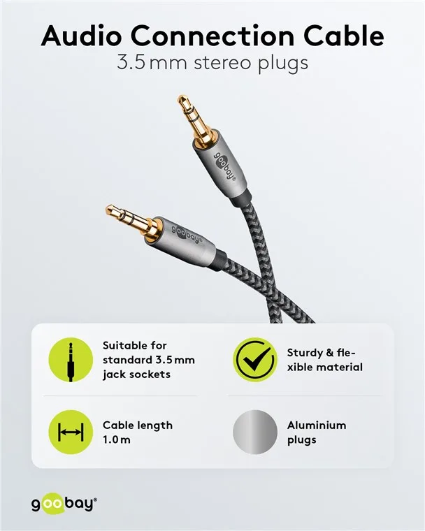 Cablu audio stereo AUX Jack 3.5 mm tata-tata 1m premium extrem de flexibil textil negru Goobay Plus 65273 - imagine 3