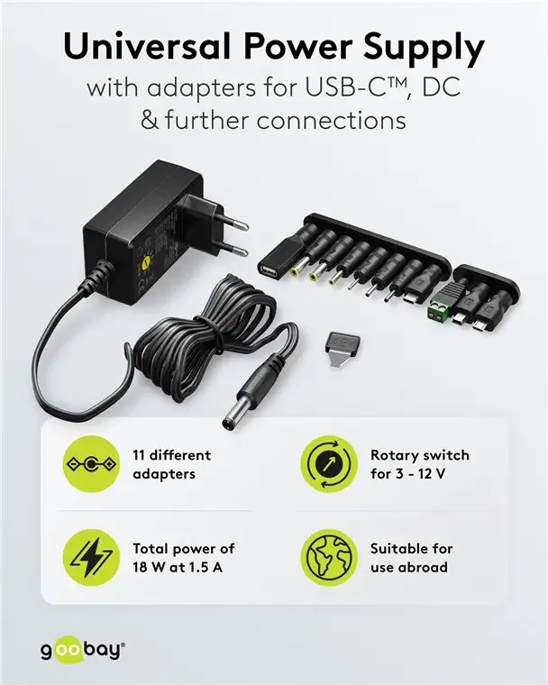 Alimentator Universal 3-12V 18W 1.5A /11 adaptoare /USB-C /USB-A /Micro-USB /Mini-USB /Terminale cu Surub 64569 Goobay - imagine 2
