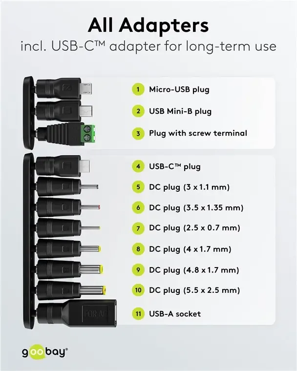 Alimentator Universal 3-12V 18W 1.5A /11 adaptoare /USB-C /USB-A /Micro-USB /Mini-USB /Terminale cu Surub 64569 Goobay - imagine 3