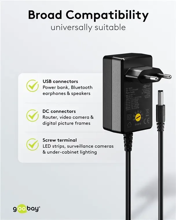 Alimentator Universal 3-12V 18W 1.5A /11 adaptoare /USB-C /USB-A /Micro-USB /Mini-USB /Terminale cu Surub 64569 Goobay - imagine 6