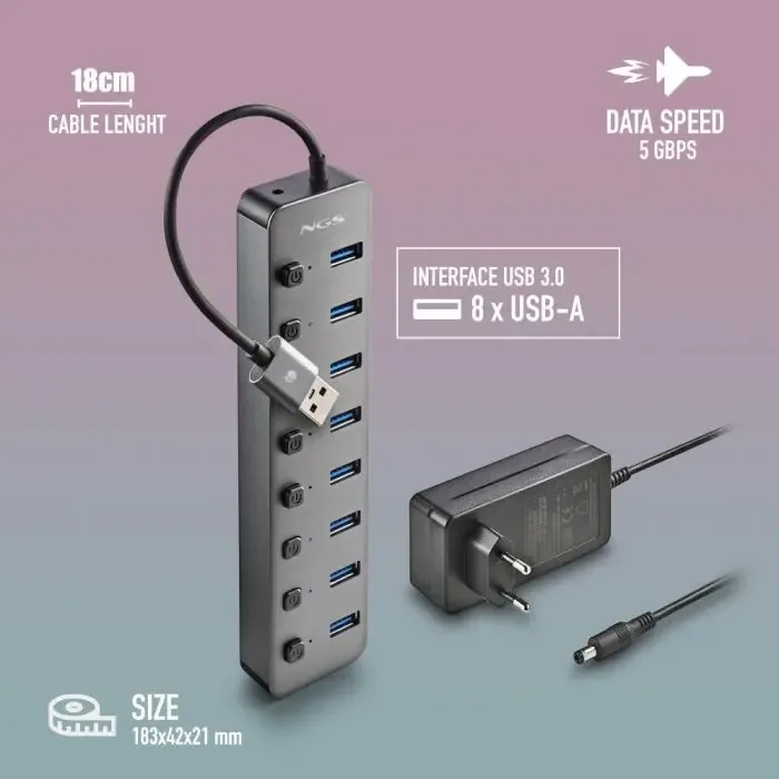 HUB USB 3.0 NGS iHub8 cu 8 porturi si alimentator HUB-IHUB8-NGS - imagine 2