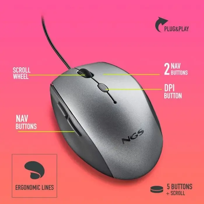 Mouse optic cu fir NGS Moth Gray 1600dpi silent click adaptor USB-C gri - imagine 3