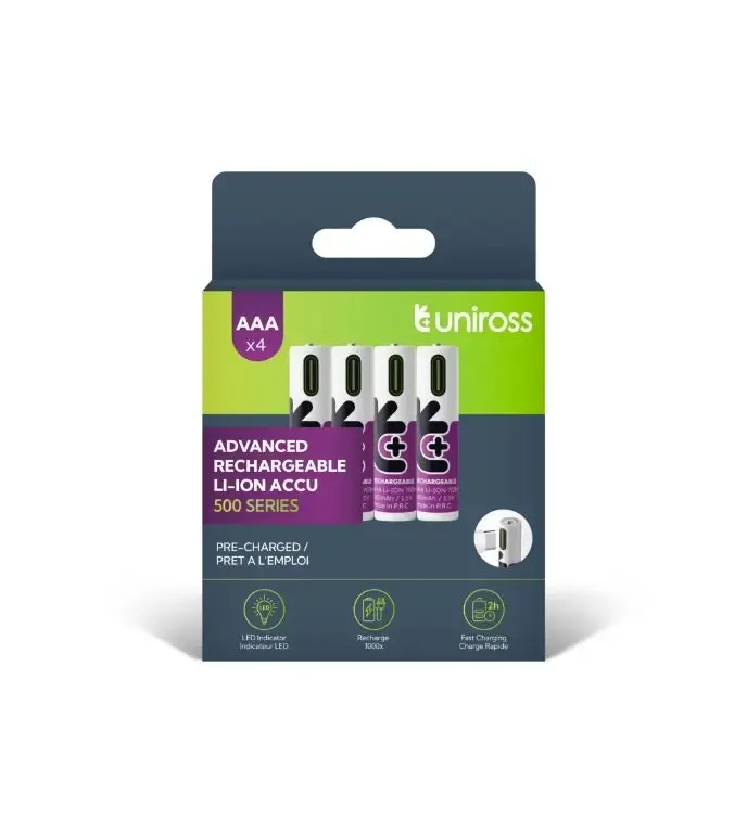 Set acumulatori Uniross AAA R3 Li-ion 10440 1.5V 500mAh cu incarcare USB-C 4buc