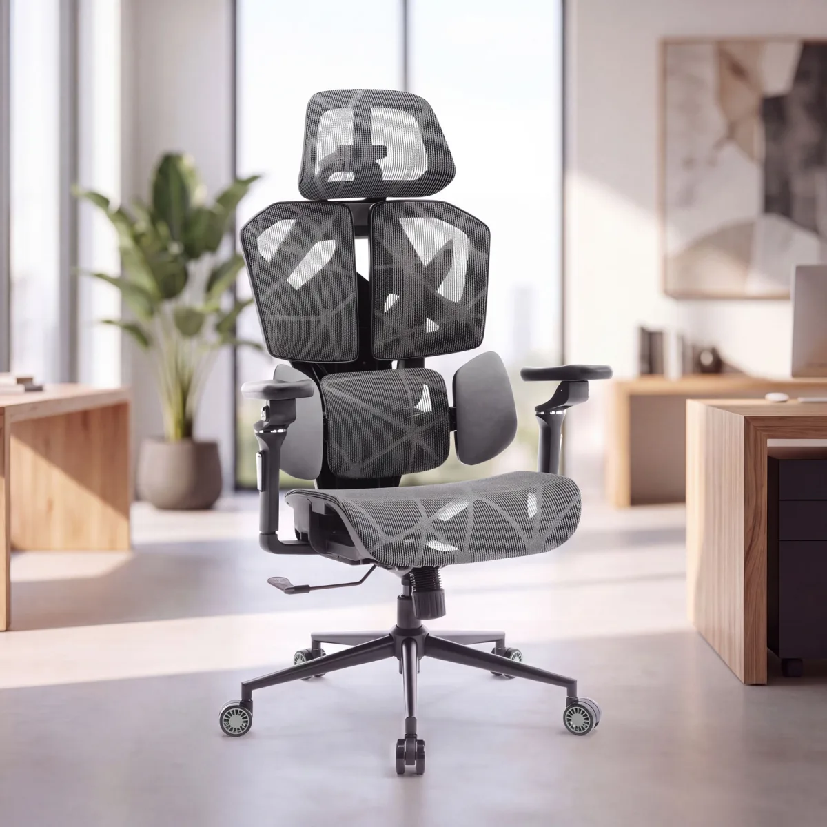 Scaun birou ergonomic TitanMesh Pro, spatar mesh, cotiere 5D, perne laterale, gri, 110 kg