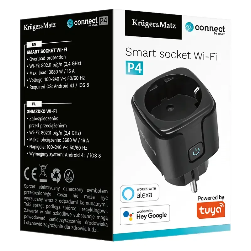 Priza Kruger&Matz KM2202-B SMART WI-FI CONNECT P4 TUYA 3680W 16A Monitorizeaza consum energie - imagine 4