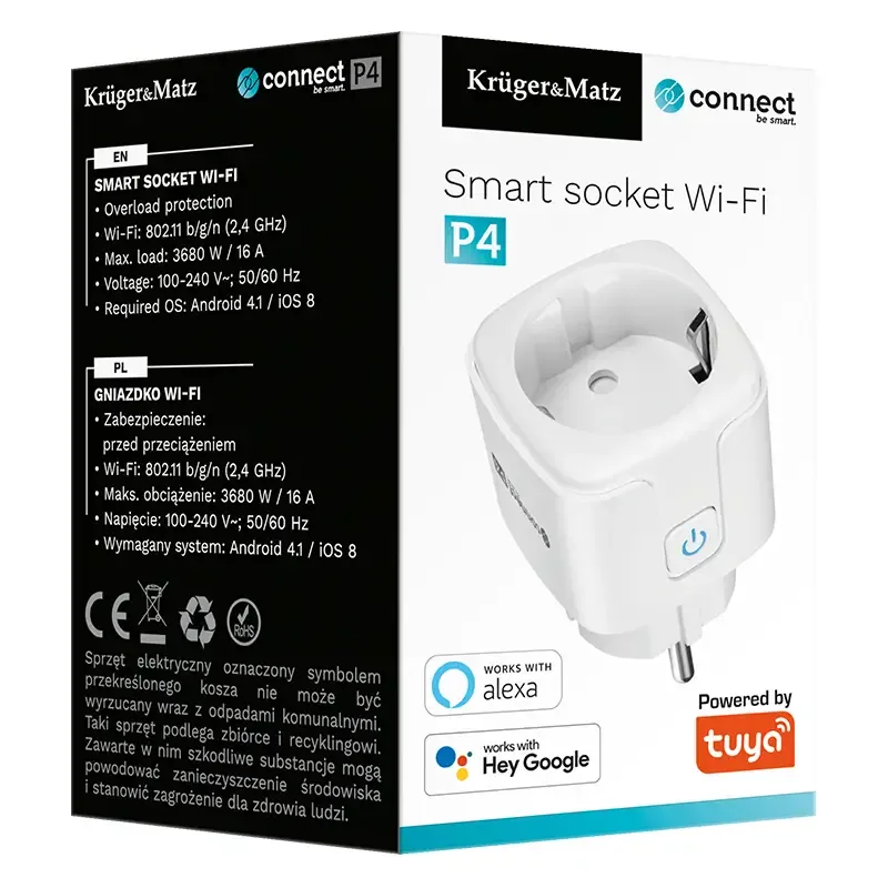 Priza Kruger&Matz KM2202-W SMART WI-FI CONNECT P4 TUYA 3680W 16A Monitorizeaza consum energie - imagine 4
