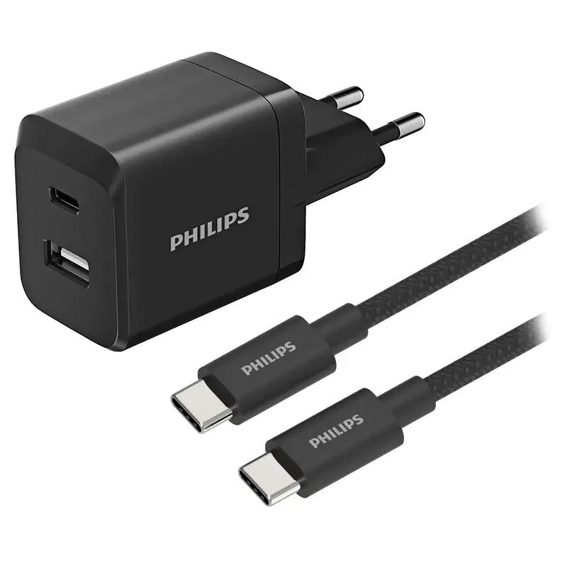 Incarcator retea dual GaN USB-A + USB-C QC Power Delivery 45W PHILIPS DLP5321NB/12