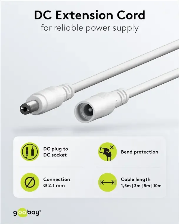 Cablu prelungitor DC 5.5/2.1 mufa - DC 5.5/2.1 soclu 5m 5A 2x0.5mm2 cupru drept alb Goobay 76676 - imagine 3