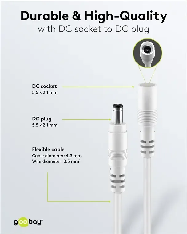 Cablu prelungitor DC 5.5/2.1 mufa - DC 5.5/2.1 soclu 5m 5A 2x0.5mm2 cupru drept alb Goobay 76676 - imagine 5