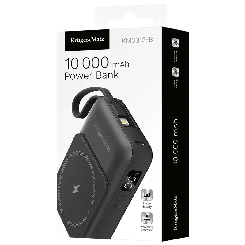 Power Bank inductie Kruger&Matz KM0913-B 10000mAh Li-ion Mag Safe wireless 15W / USB-C 20W /USB-A 22.5W / Lightning 10W - imagine 5