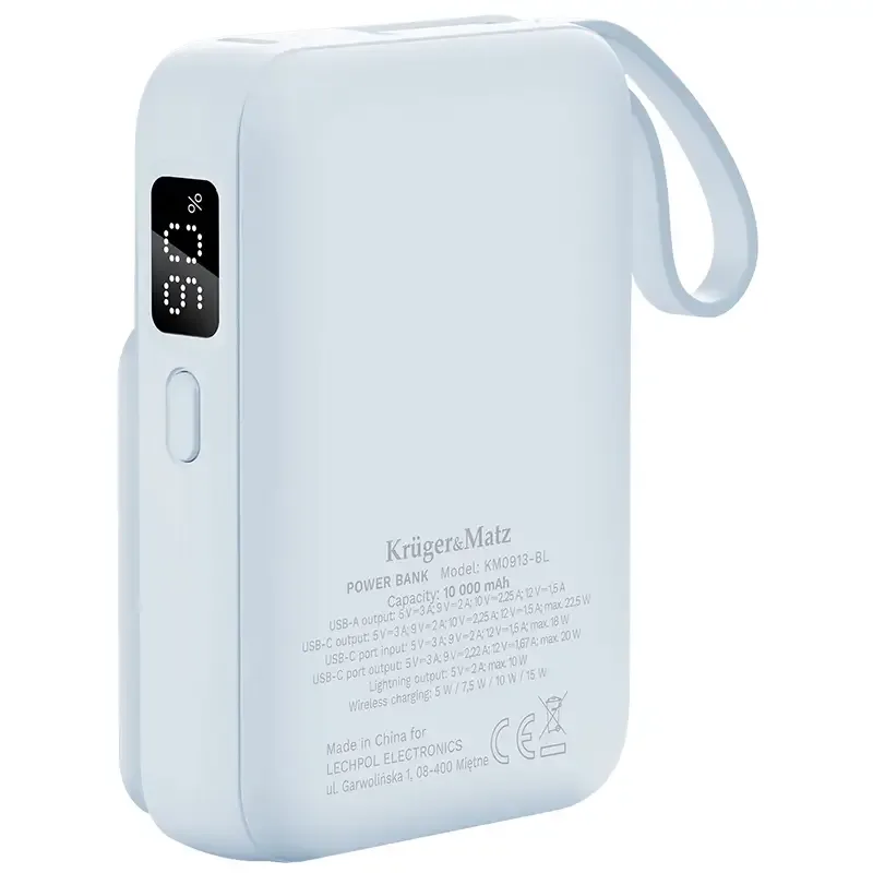 Power Bank inductie Kruger&Matz KM0913-BL 10000mAh Li-ion Mag Safe wireless 15W / USB-C 20W /USB-A 22.5W / Lightning 10W - imagine 3