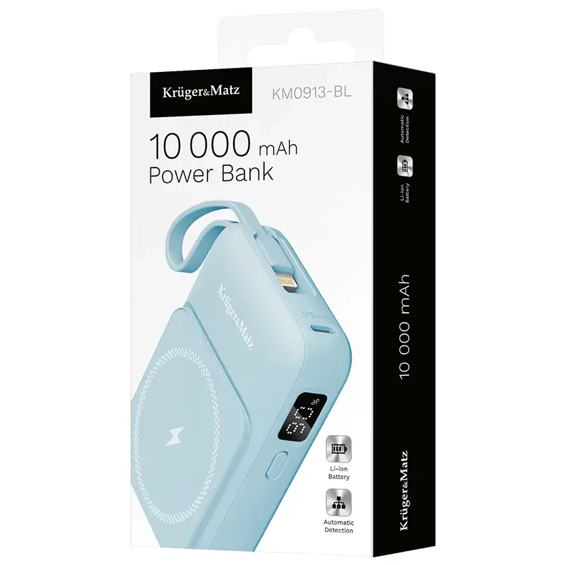 Power Bank inductie Kruger&Matz KM0913-BL 10000mAh Li-ion Mag Safe wireless 15W / USB-C 20W /USB-A 22.5W / Lightning 10W - imagine 4