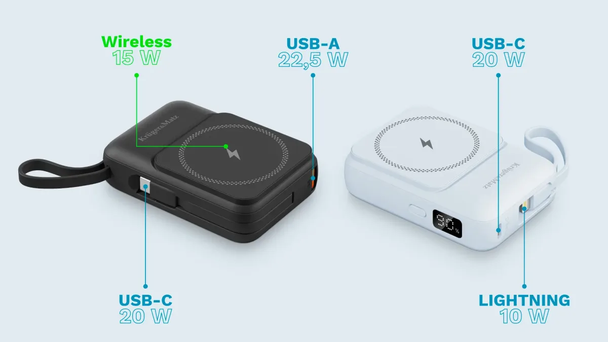 Power Bank inductie Kruger&Matz KM0913-BL 10000mAh Li-ion Mag Safe wireless 15W / USB-C 20W /USB-A 22.5W / Lightning 10W - imagine 6