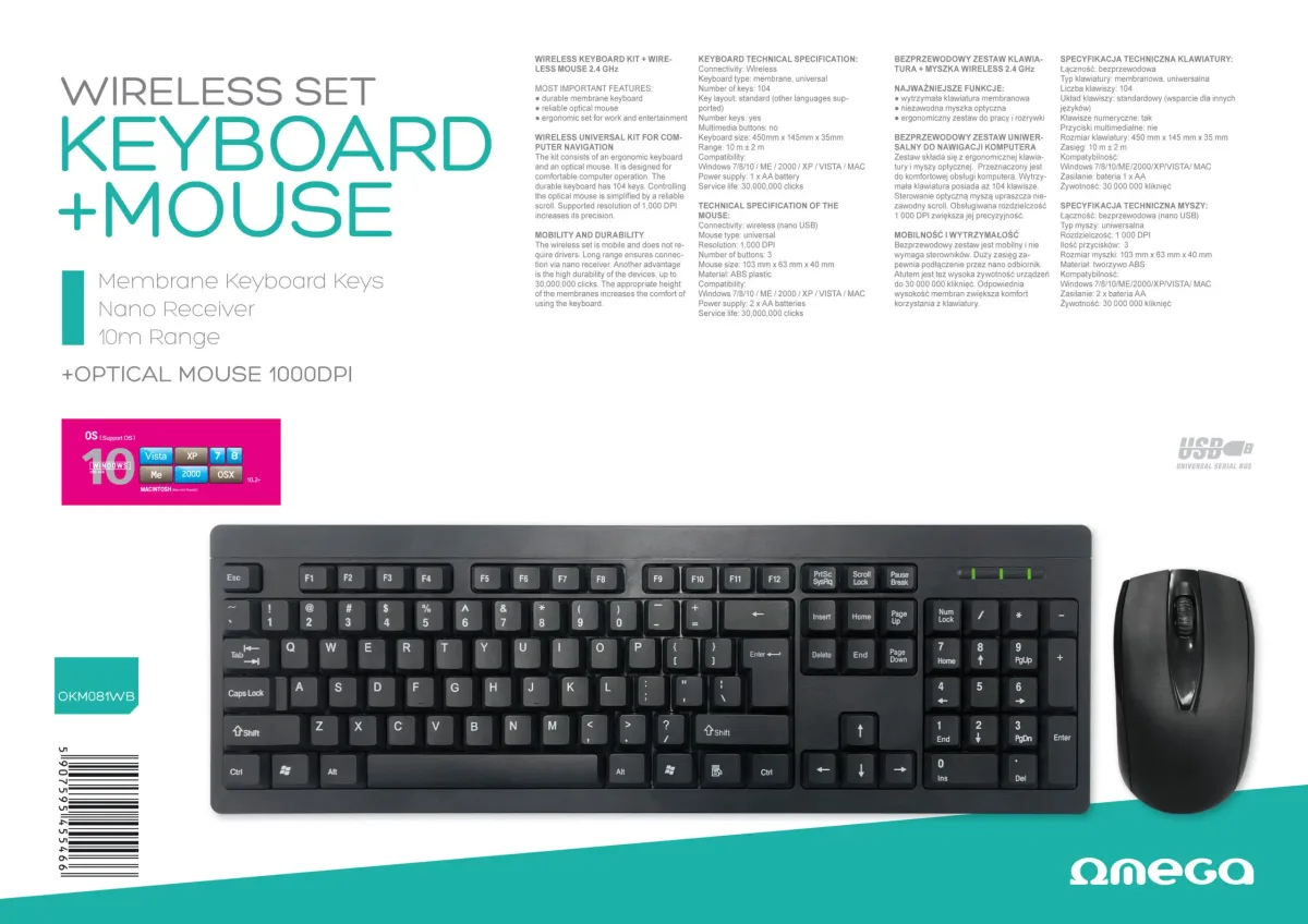 Kit tastatura si mouse wireless Omega OKM081WB 1000DPI USB - imagine 2