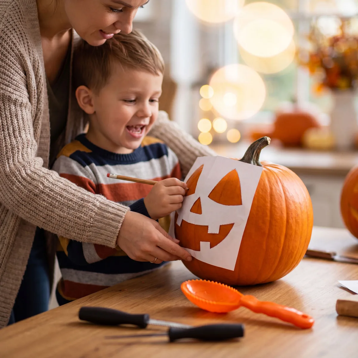 Set sculptat dovleac Halloween, 3 ustensile pentru taiere si curatare, 6 sabloane