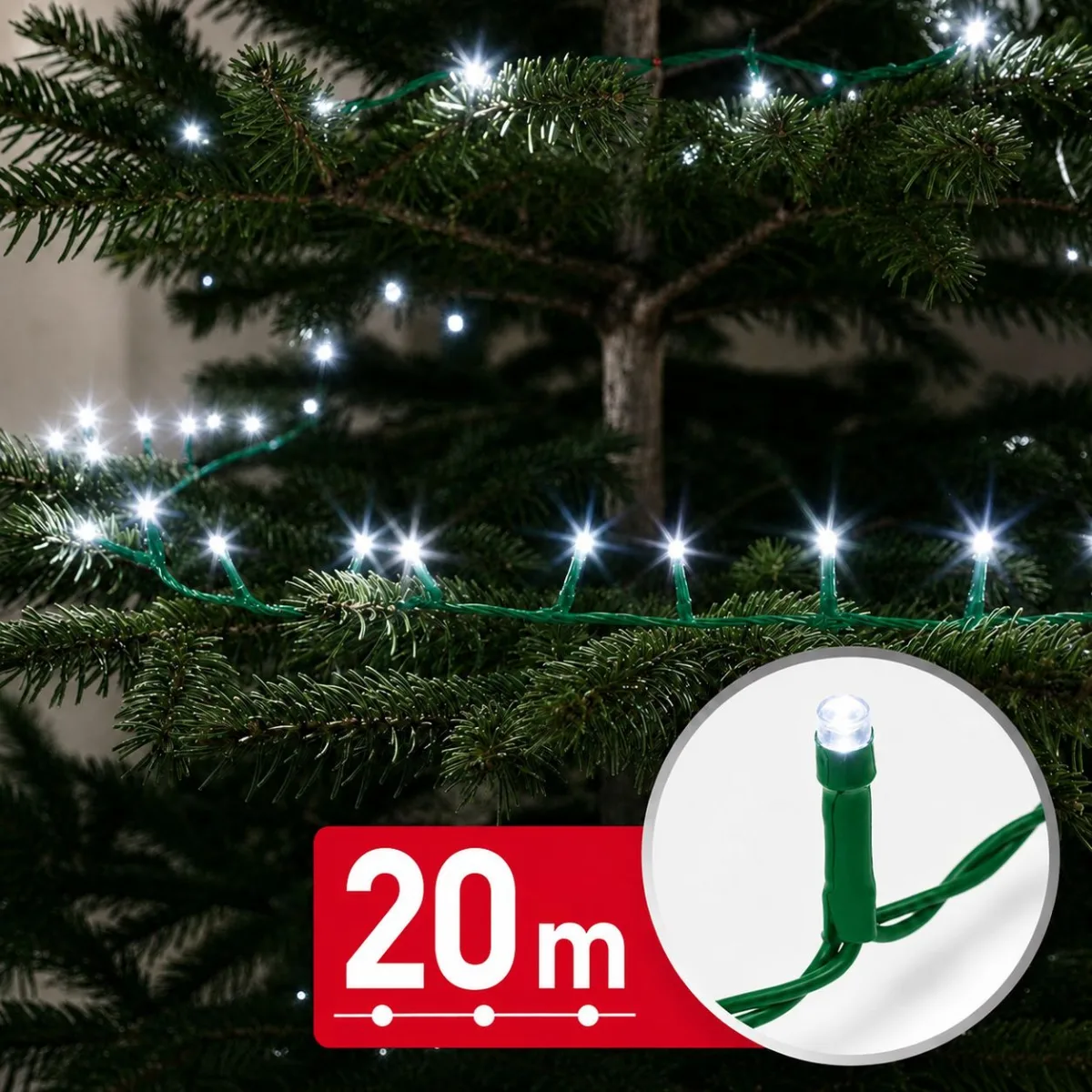 Instalatie de Craciun 20 m, 400 LED alb rece, 8 jocuri lumini, timer, IP44, cablu verde