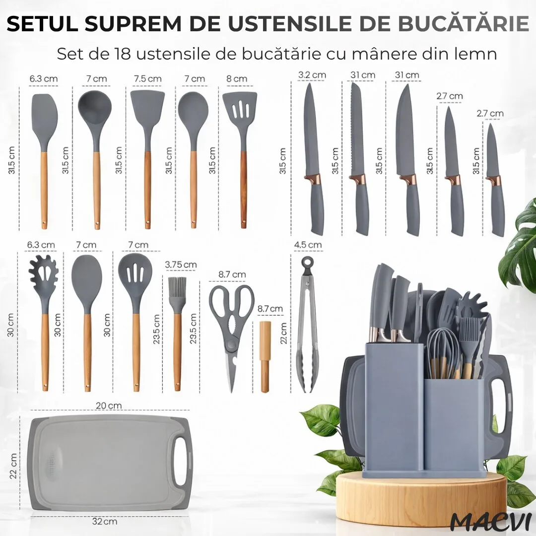 Set Ustensile Bucatarie Macvi® 19 Piese Silicon Termorezistent si Bambus, Cutite Inox, Suport Organizator Compact, Design Gri Elegant - imagine 5