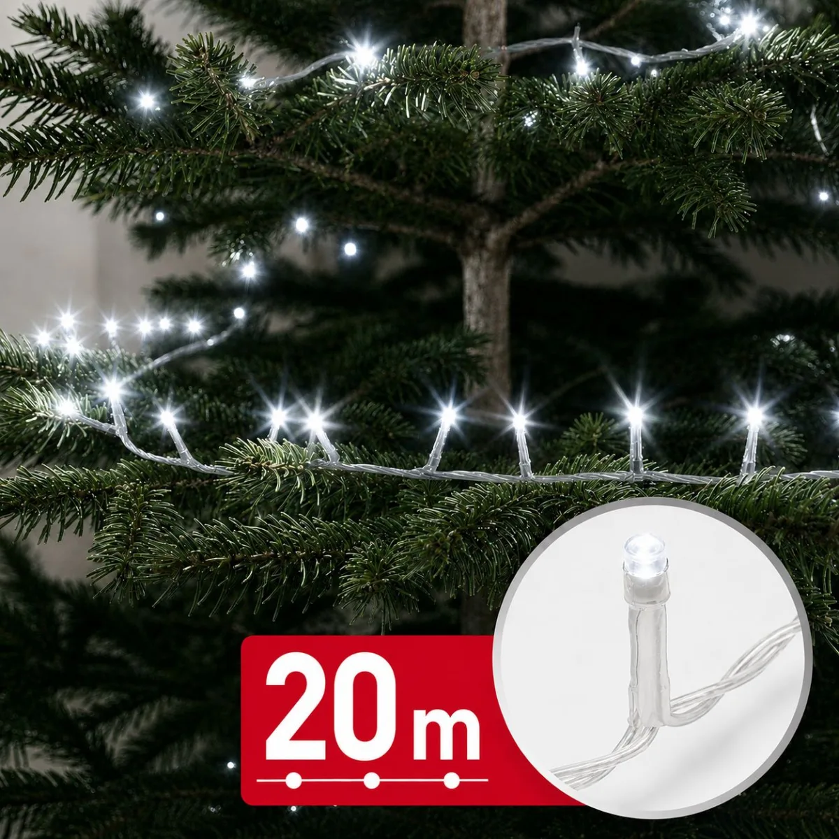 Instalatie de Craciun 20 m, 400 LED alb rece, 8 jocuri lumini, timer, IP44, cablu transparent