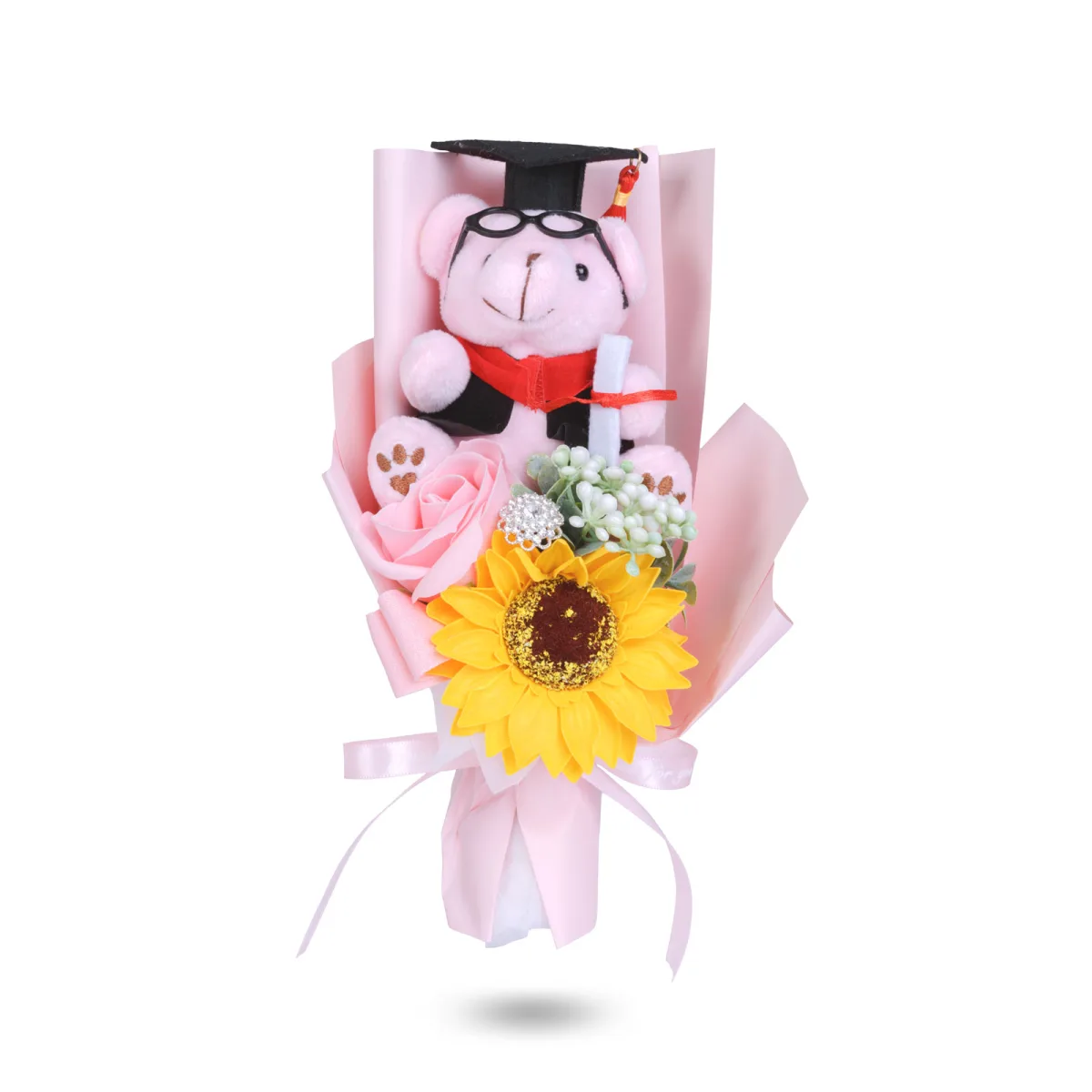 Cadou Absolvire cu Ursulet Graduation si Floarea-Soarelui in Cutie Cadou Transparenta, 14 × 10,5 × 26 cm, Decorațiune Gift Box Roz/Maro/Alb - imagine 4