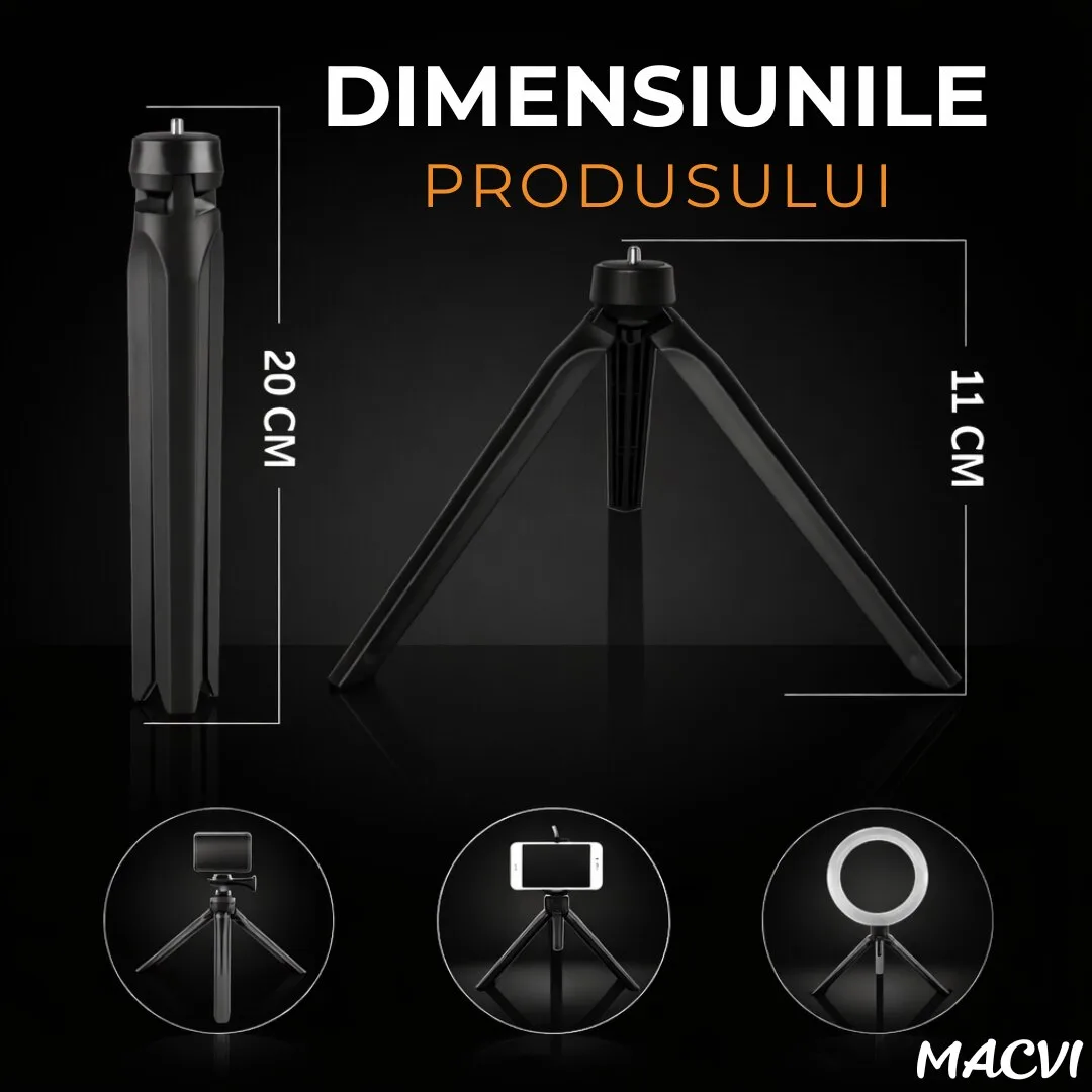 Mini Trepied pentru Telefon, Aparate Foto si Video Macvi® cu Lampi Circulare, Portabil, Pliabil, Ergonomic, Negru - imagine 2