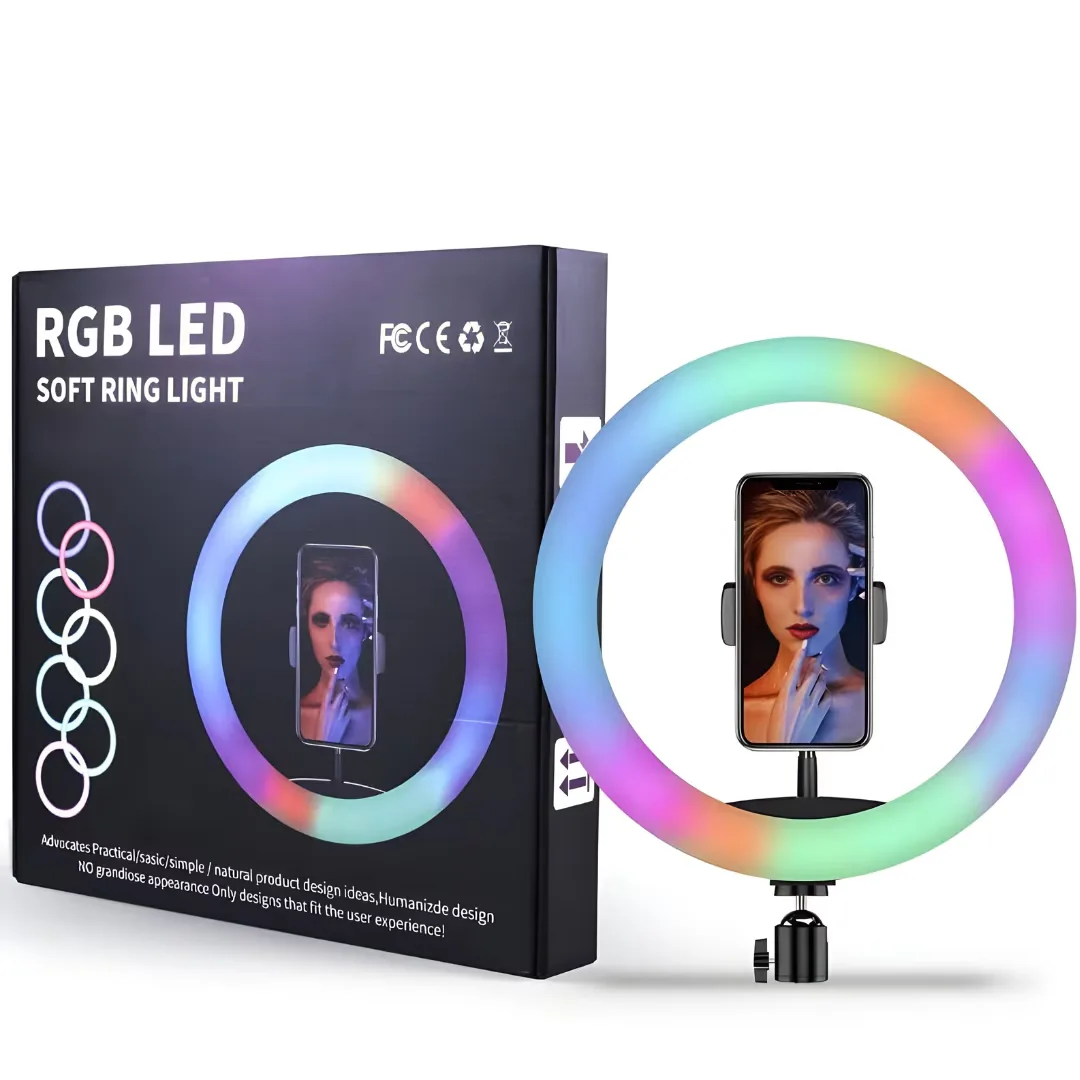 Lampa circulara RGB LED Macvi® 45 cm, 20 moduri de lumina, cu suport de telefon, cablu de incarcare USB si telecomanda inclusa pe fir cu reglare a intensitatii