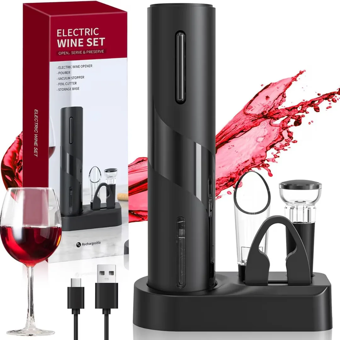 Set Electric Macvi® Deschizator de Vin 5-in-1, Cu Incarcare USB, Foil Cutter, Aerator, Dop Vacuum, Negru, Design Elegant si Portabil