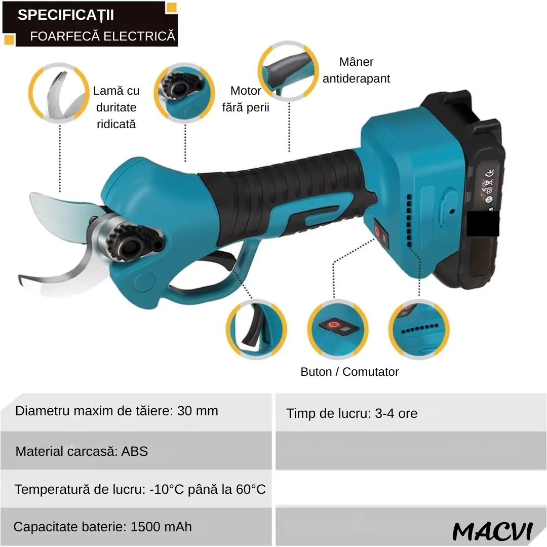 Foarfeca Electrica pentru Gradinarit Macvi® 48V, 2 Baterii, 2 Lame din Otel Carbon ,ideala pentru Vita de Vie si Crengi, Albastru - imagine 2