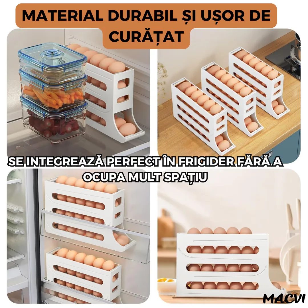 Suport organizator pentru oua Macvi®, 4 niveluri, rulare automata, 30 oua, 36x7x20 cm, alb, economisire inteligenta de spatiu in frigider - imagine 5