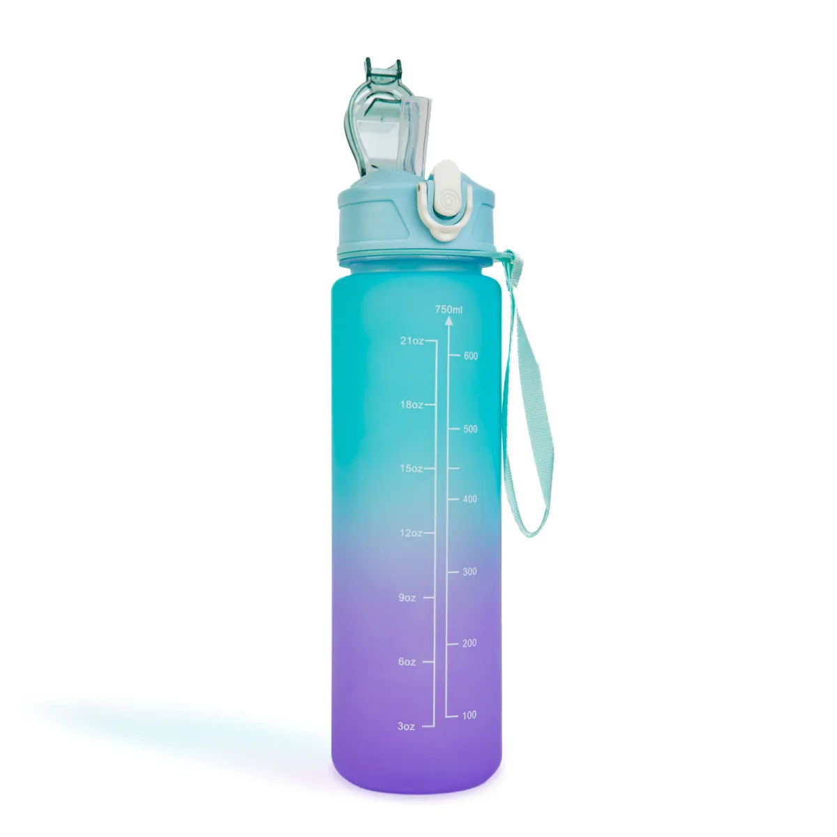 Bidon sport 750 ml, plastic opac degradé, capac etans, cu curea, multicolor - imagine 5