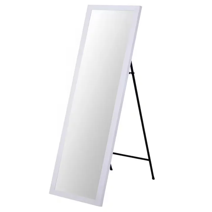 Oglinda de podea Macvi®, rama alba, 36 x 126 cm, pliabila, cu picior metalic, oglinda dressing dormitor living