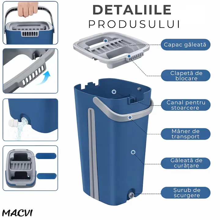 Set curatare Macvi® cu mop plat si galeata cu sistem de stoarcere, scurgere cu dop, coada telescopica si 2 lavete microfibra rezerva - imagine 2