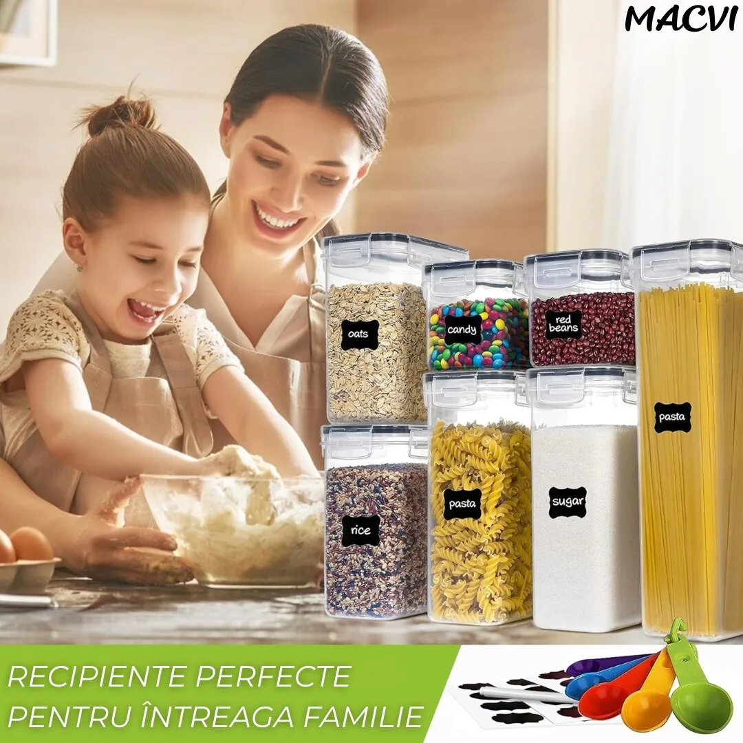 Set 7 organizatoare/recipiente Macvi® pentru depozitare alimente, etichete incluse, organizare bucatarie, capac etans, plastic fara BPA - imagine 4