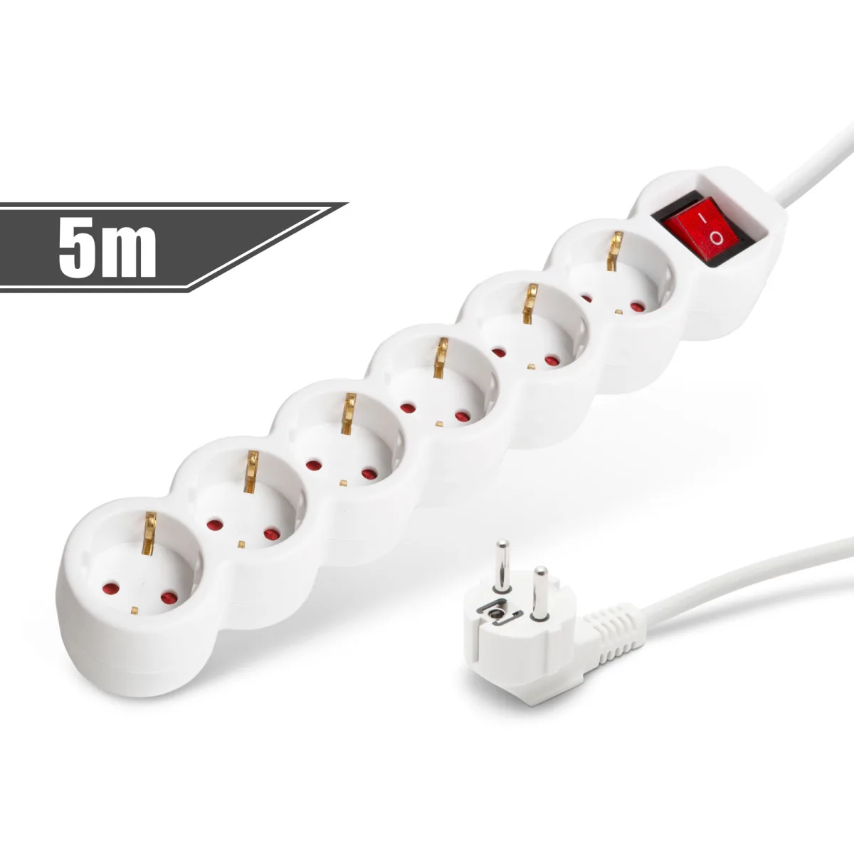 Prelungitor 6 prize Schuko, 5m, cu intrerupator, 16A, protectie copii, alb